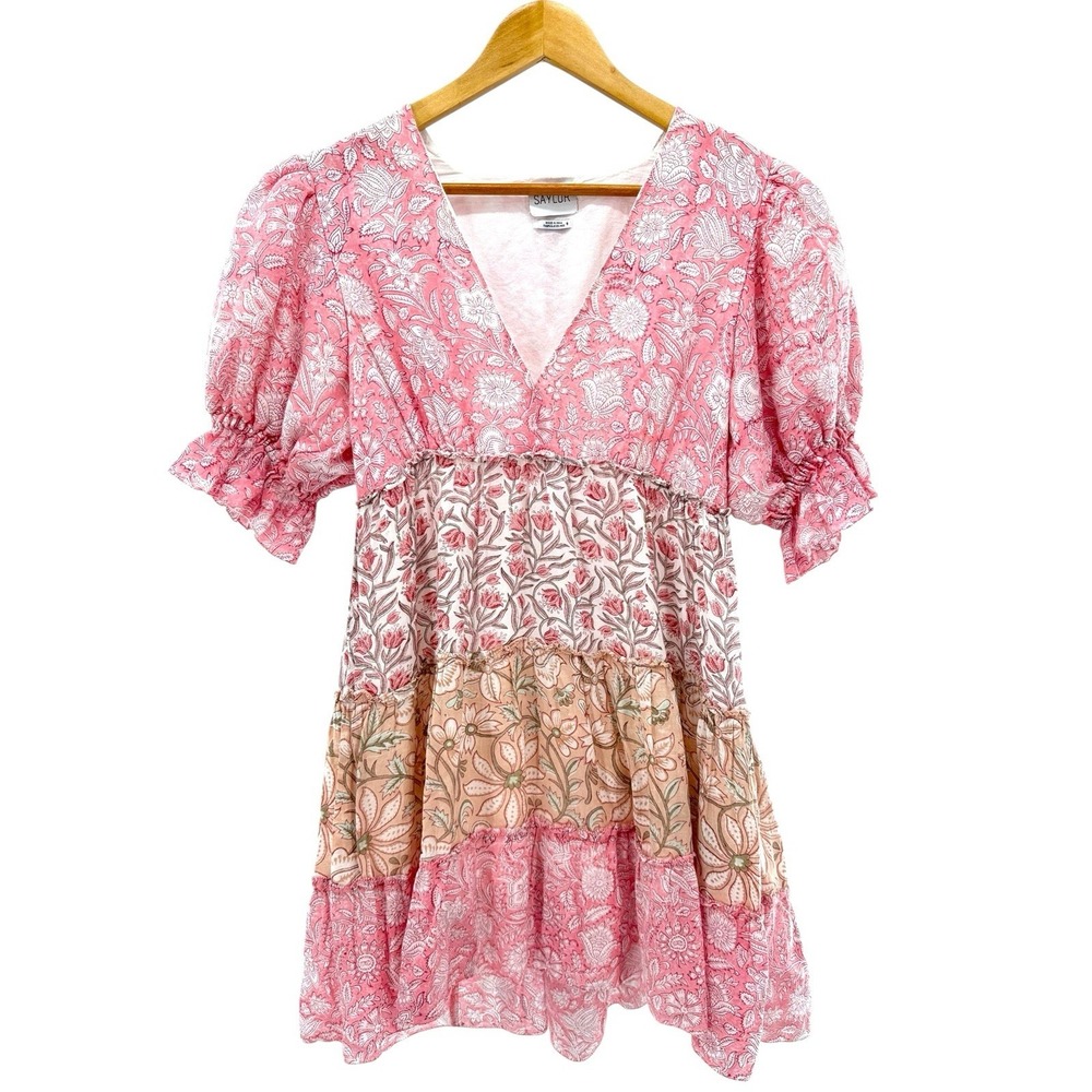 Saylor Leigha Mini Dress S Pink Patchwork Puffβ Sleeve Tiered Boho Cottagecore